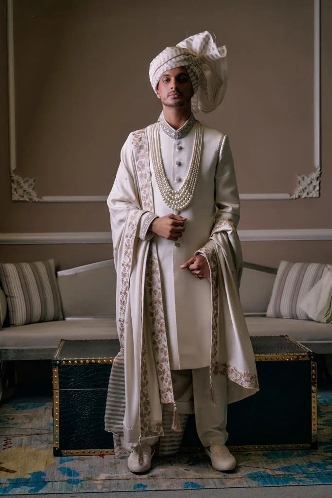 Pearl White Embroidered Silk Blend Groom Sherwani (4-Piece) - Image 3