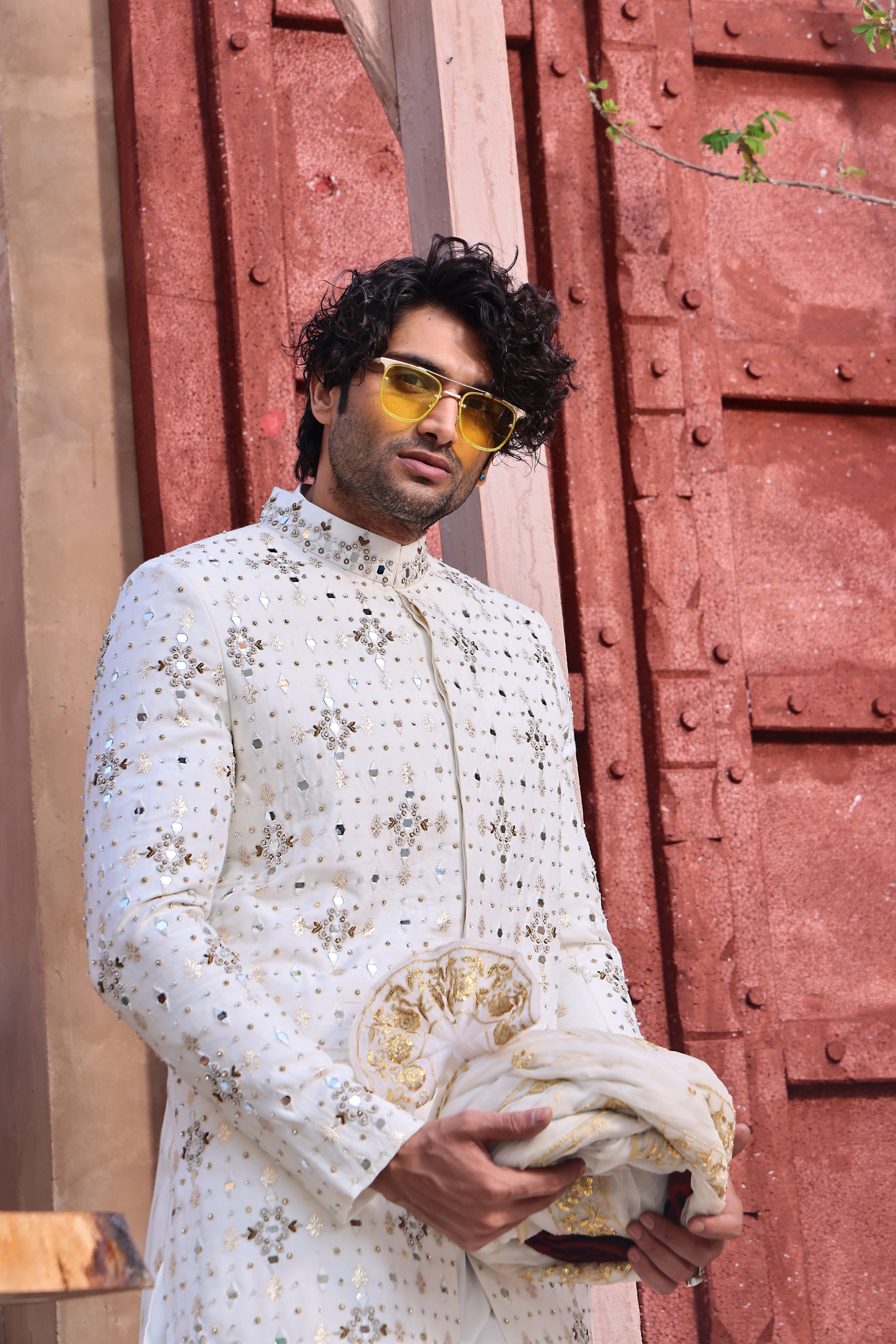White Mirror Work Silk-Blend Sherwani (3-Piece) - Image 1