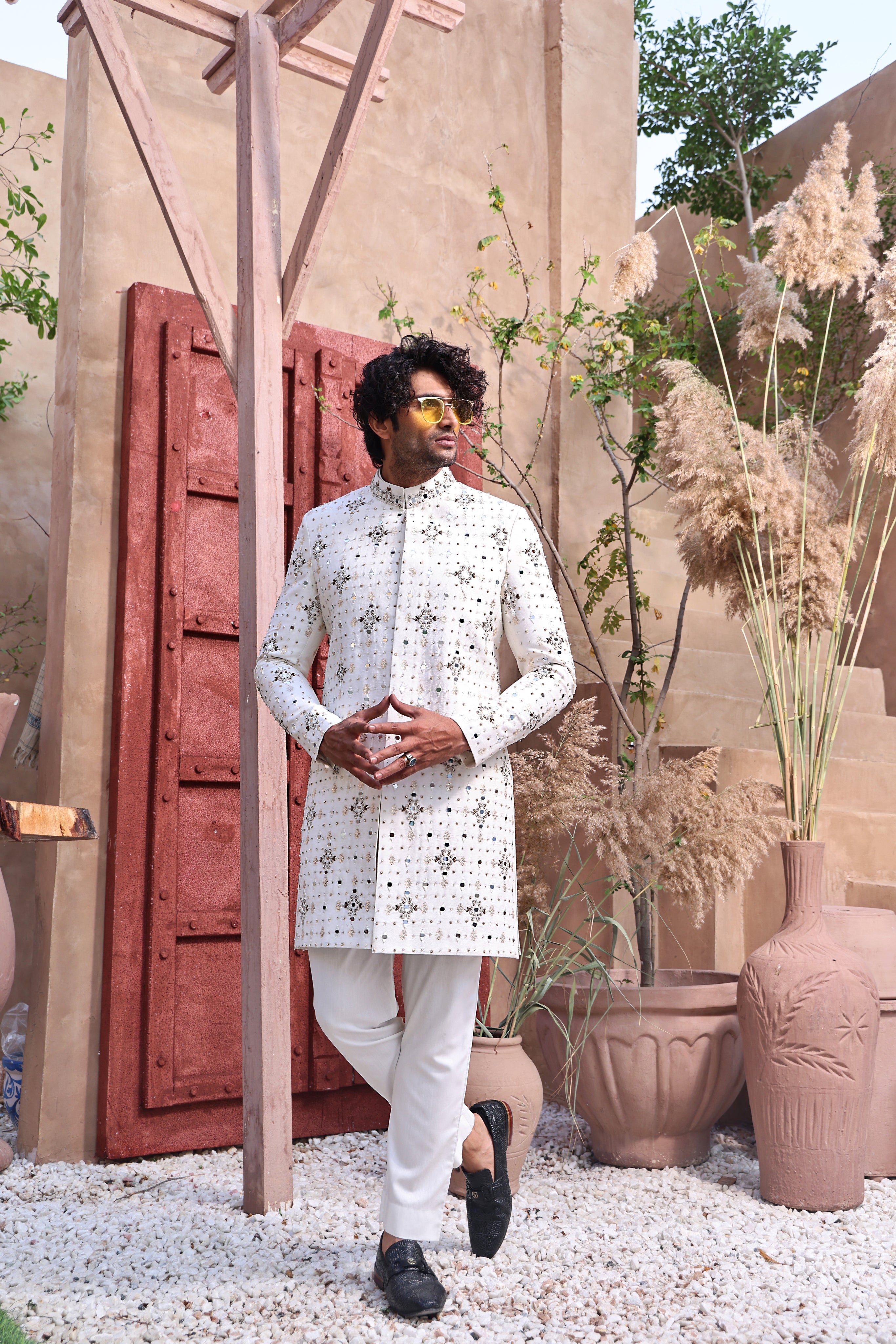 White Mirror Work Silk-Blend Sherwani (3-Piece) - Image 2