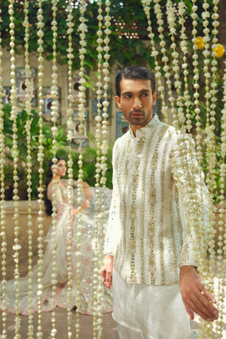 Pristine White Sequin Embellished Silk-Blend Sherwani (2-Piece) - Image 2
