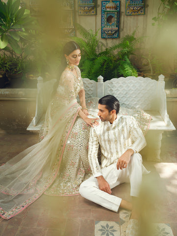 Pristine White Sequin Embellished Silk-Blend Sherwani (2-Piece) - Image 4