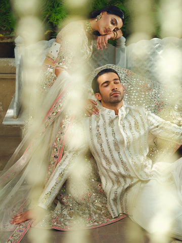 Pristine White Sequin Embellished Silk-Blend Sherwani (2-Piece) - Image 5