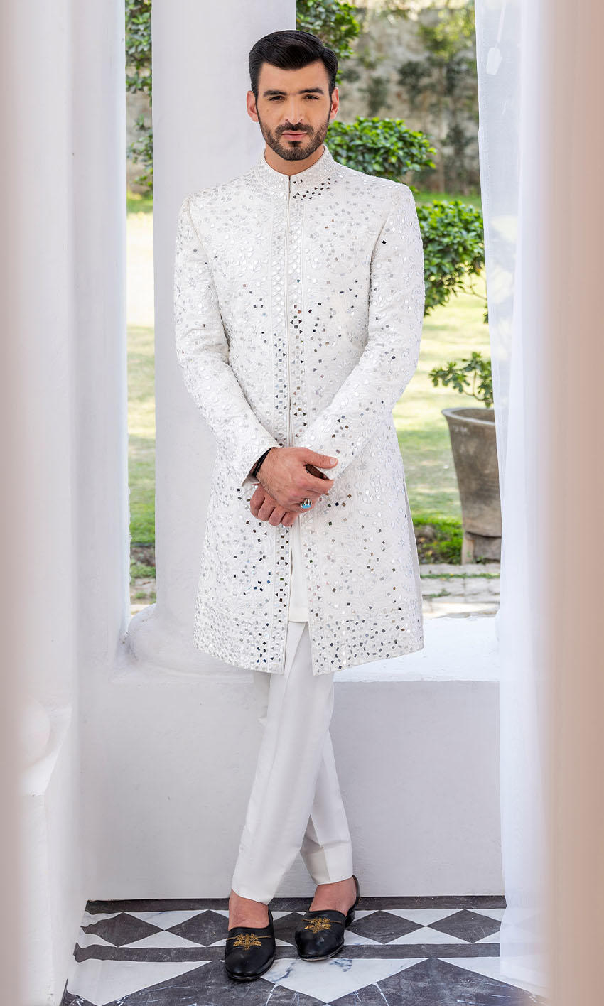 White Mirror Work Silk-Blend Sherwani (2-Piece) - Image 1