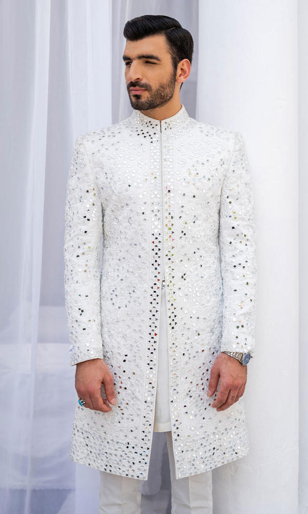 White Mirror Work Silk-Blend Sherwani (2-Piece) - Image 3