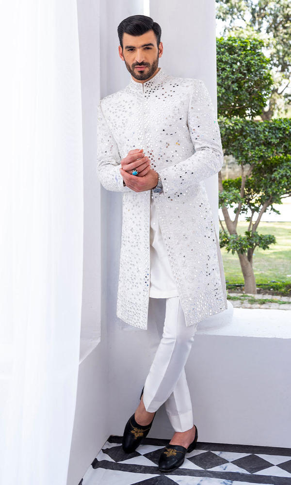 White Mirror Work Silk-Blend Sherwani (2-Piece) - Image 4