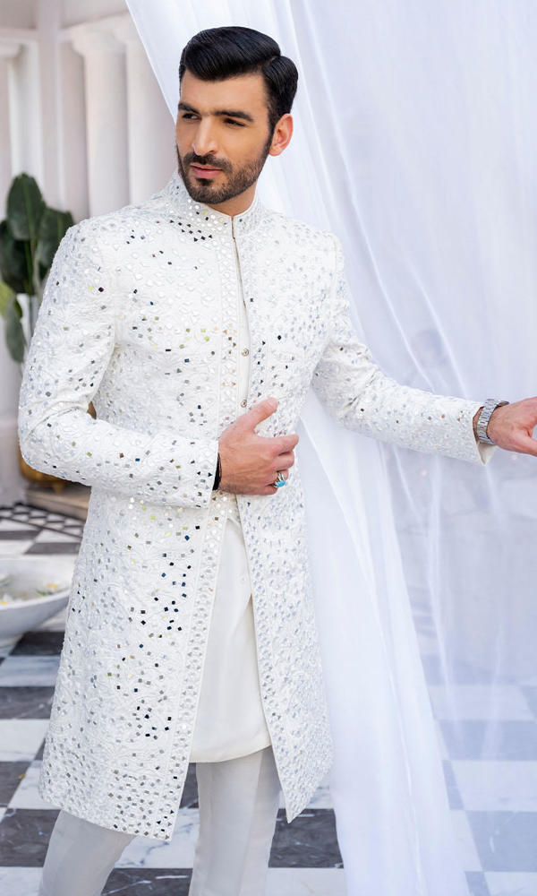 White Mirror Work Silk-Blend Sherwani (2-Piece) - Image 5