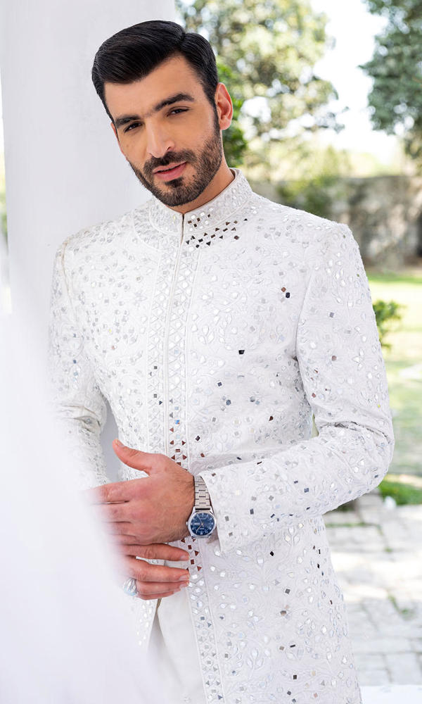 White Mirror Work Silk-Blend Sherwani (2-Piece) - Image 6