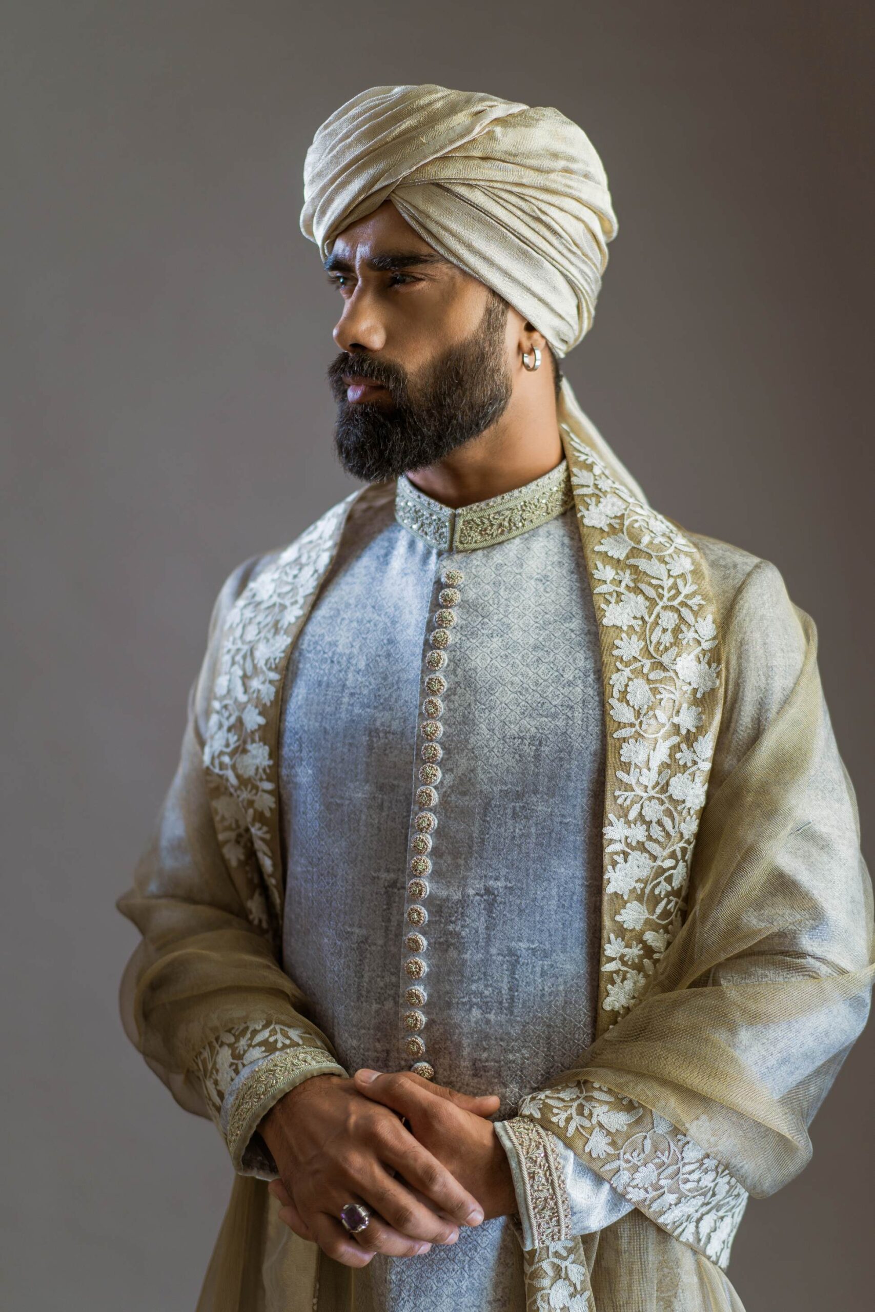 Tibetan Jasmine White Embroidered Silk-Blend Sherwani (3-Piece) - Image 1