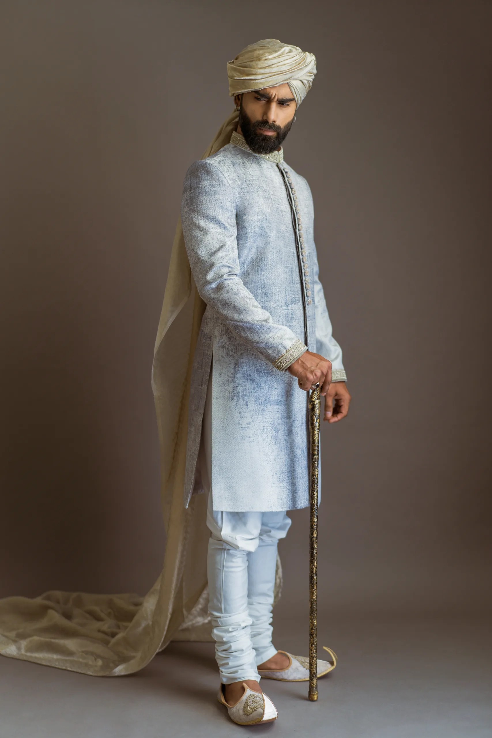 Tibetan Jasmine White Embroidered Silk-Blend Sherwani (3-Piece) - Image 2