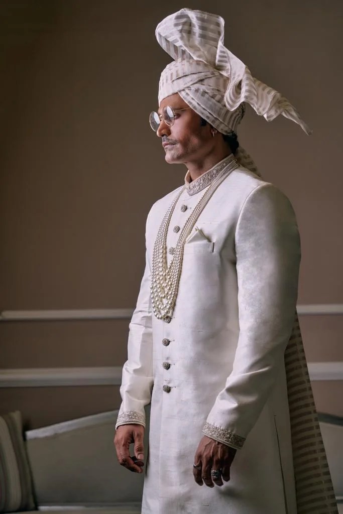 White Embroidered Silk-Blend Groom Sherwani (4-Piece) - Image 1