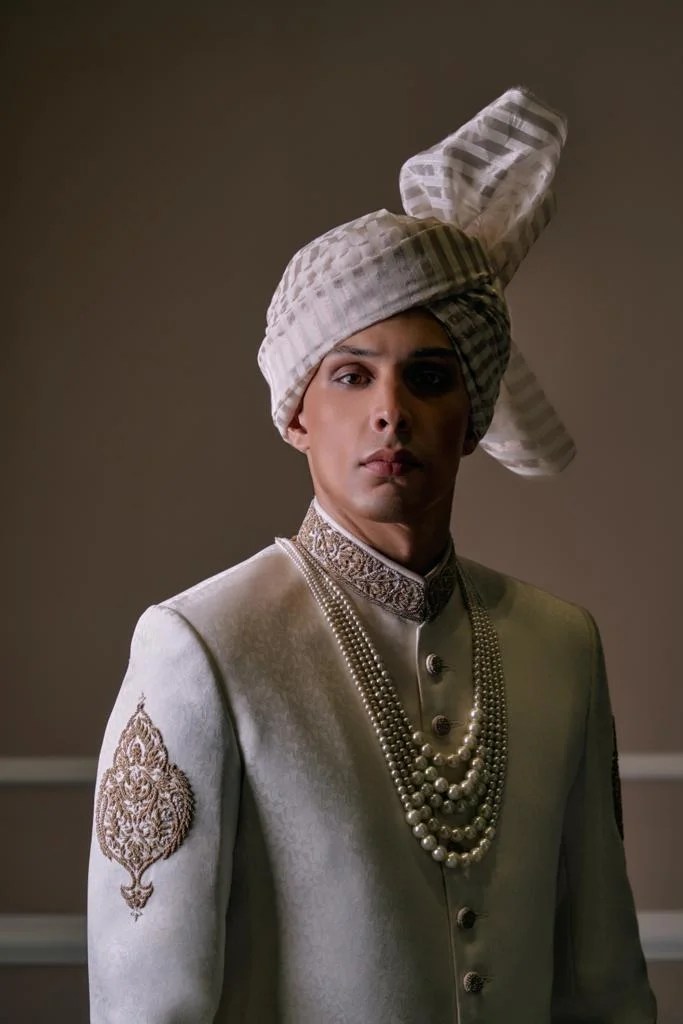 White Embroidered Silk-Blend Sherwani (3-Piece) - Image 1