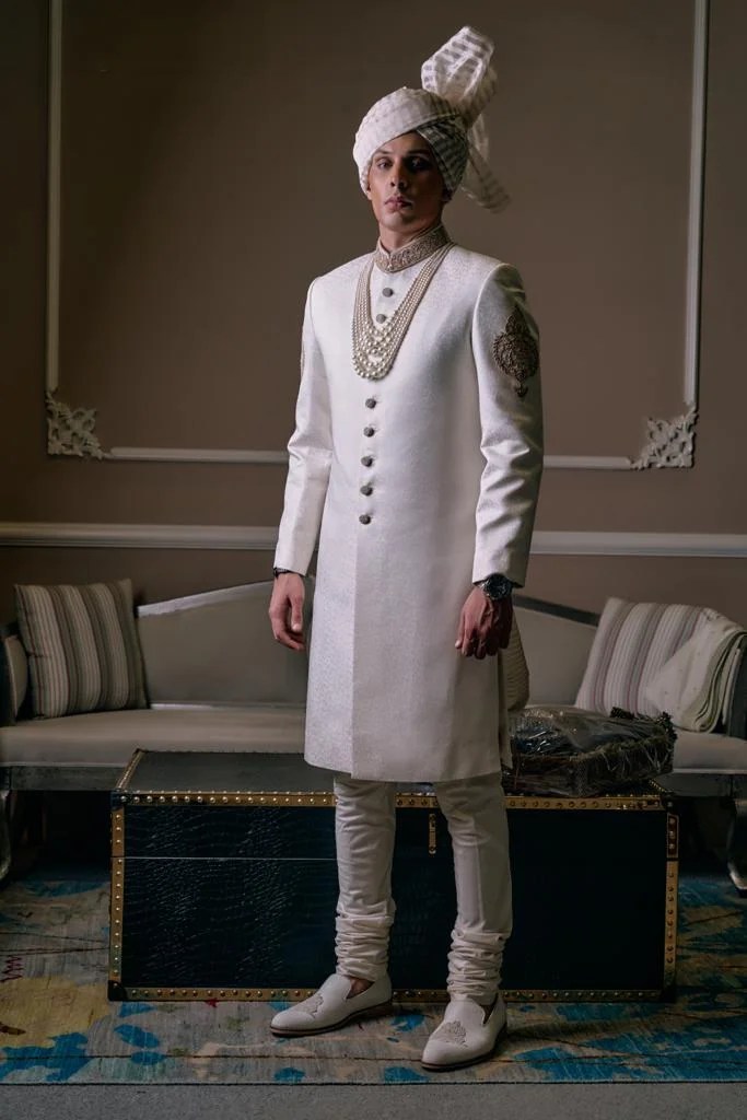 White Embroidered Silk-Blend Sherwani (3-Piece) - Image 2