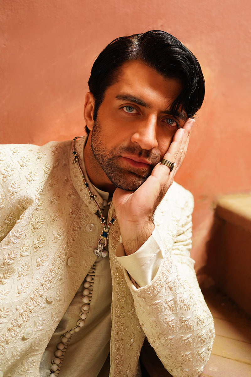 Porcelain White Embroidered Silk-Blend Sherwani (2-Piece) - Image 2