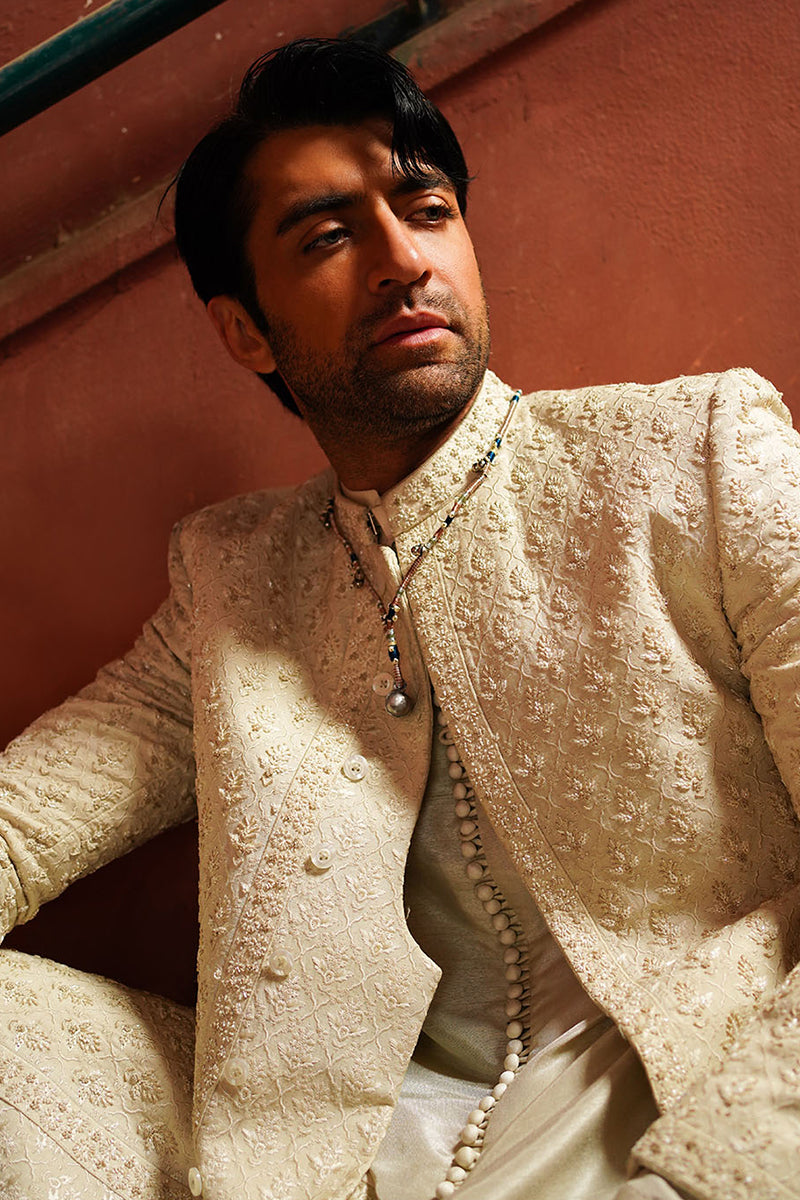 Porcelain White Embroidered Silk-Blend Sherwani (2-Piece) - Image 3