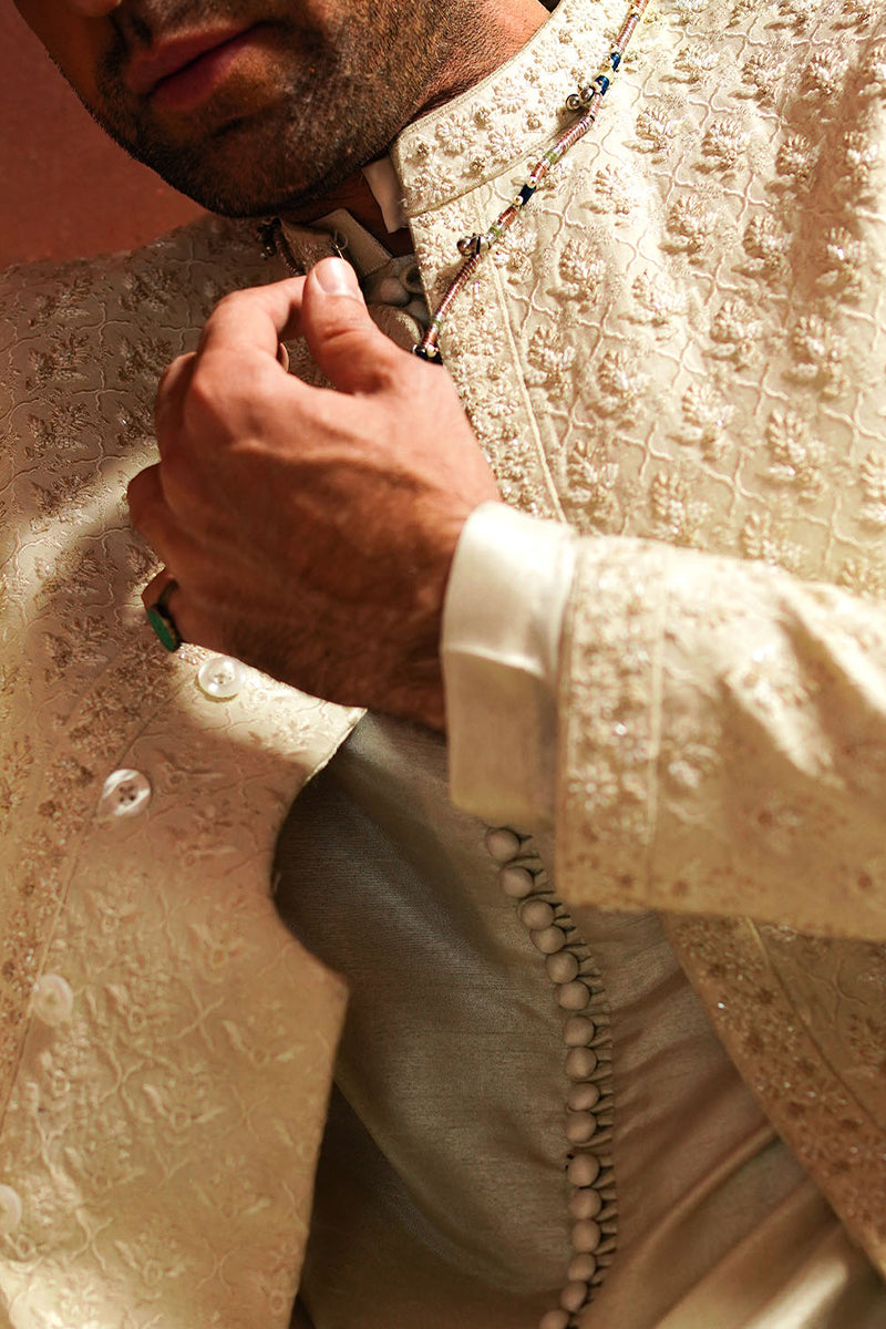 Porcelain White Embroidered Silk-Blend Sherwani (2-Piece) - Image 4