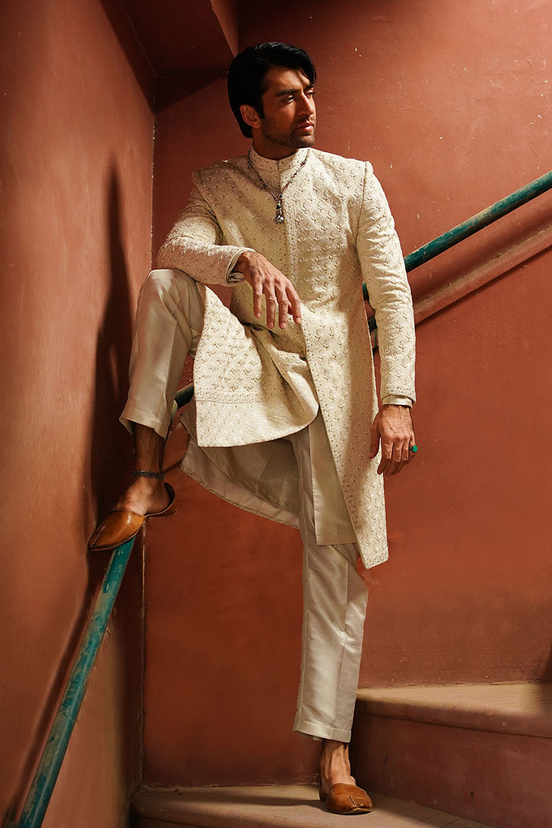 Porcelain White Embroidered Silk-Blend Sherwani (2-Piece) - Image 5