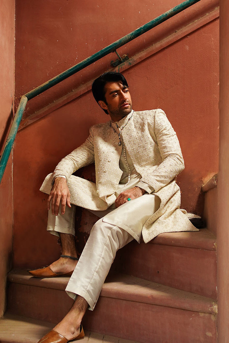 Porcelain White Embroidered Silk-Blend Sherwani (2-Piece) - Image 6