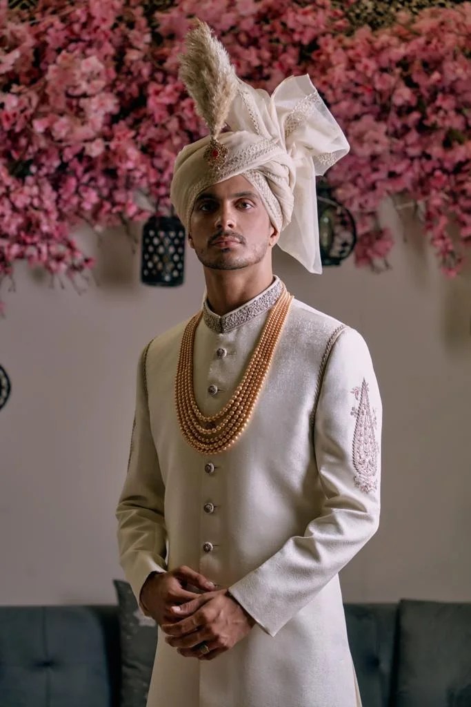 Pearl White Embroidered Silk-Blend Groom Sherwani (2-Piece) - Image 1