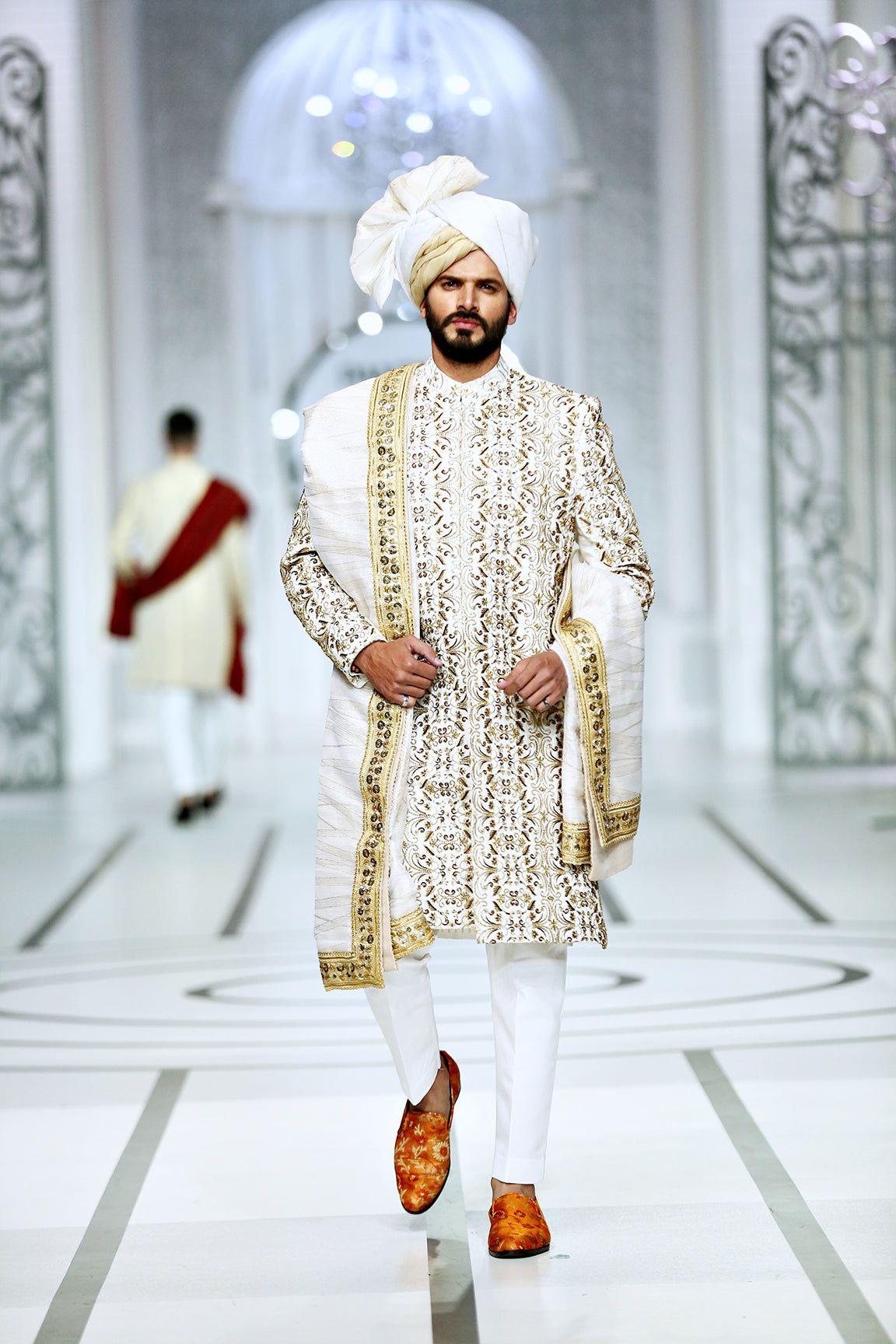 White Gold Embroidered Silk-Blend Sherwani (3-Piece) - Image 1