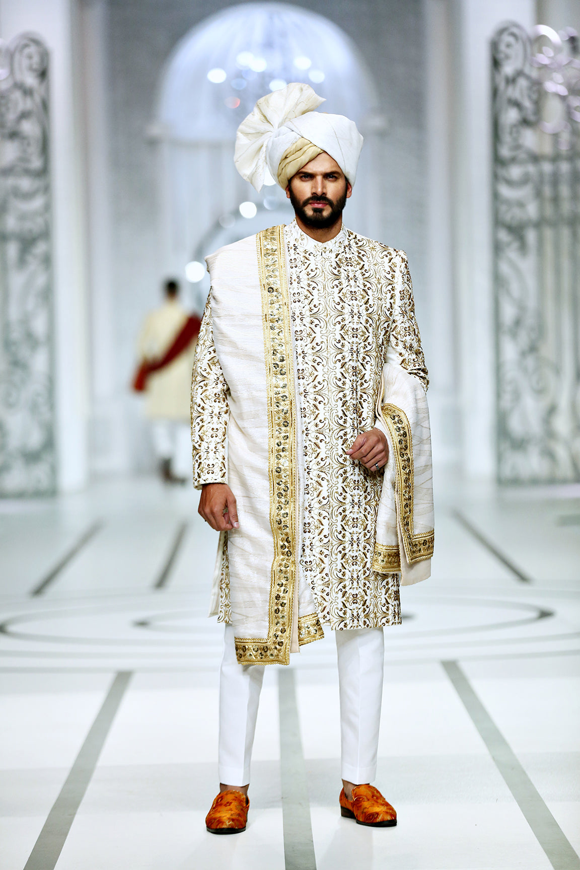 White Gold Embroidered Silk-Blend Sherwani (3-Piece) - Image 2