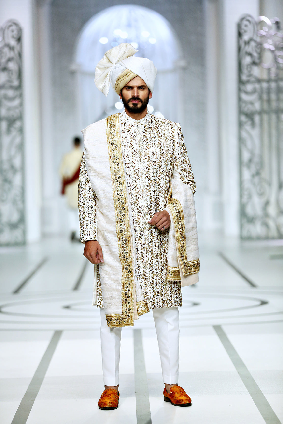 White Gold Embroidered Silk-Blend Sherwani (3-Piece) - Image 3