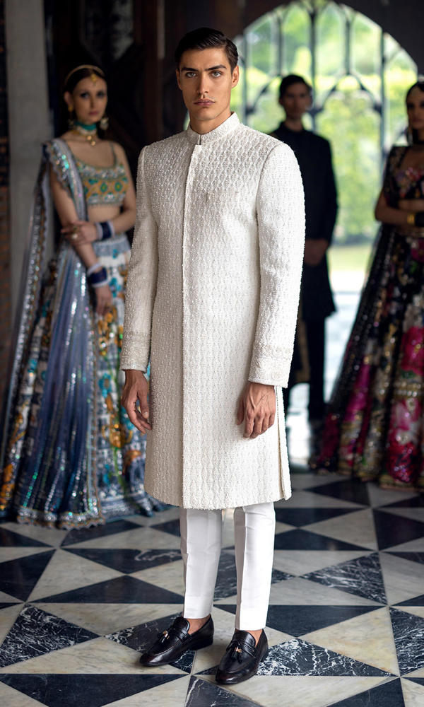 White Self-Embroidered Silk-Blend Sherwani (2-Piece) - Image 2