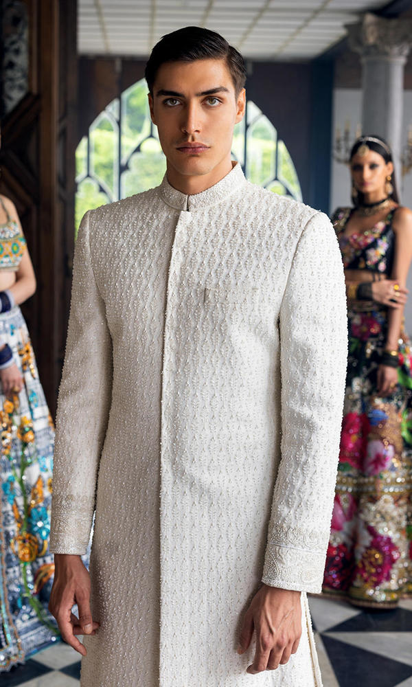 White Self-Embroidered Silk-Blend Sherwani (2-Piece) - Image 3