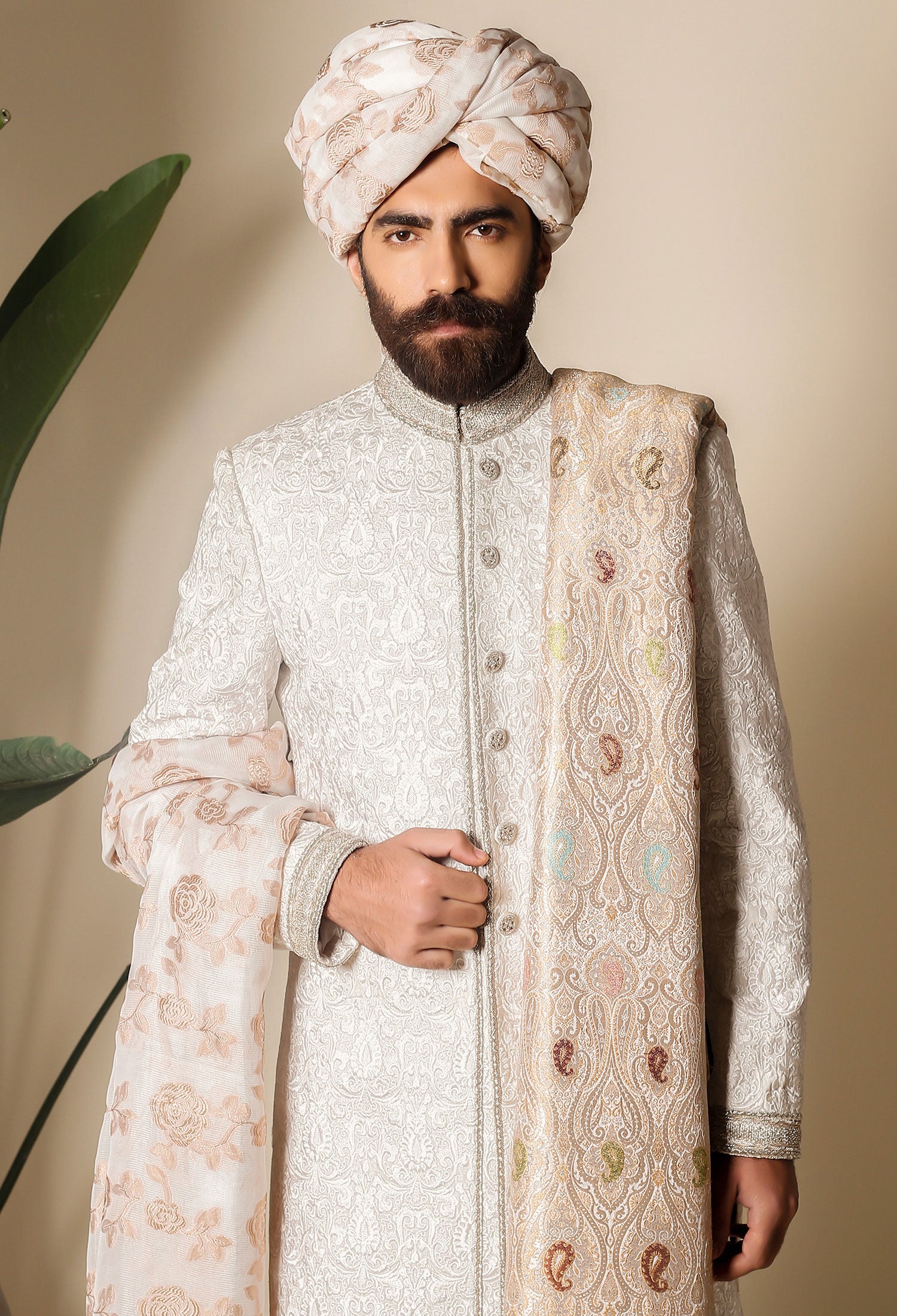 White Embossed Jacquard Groom Sherwani (3-Piece) - Image 1