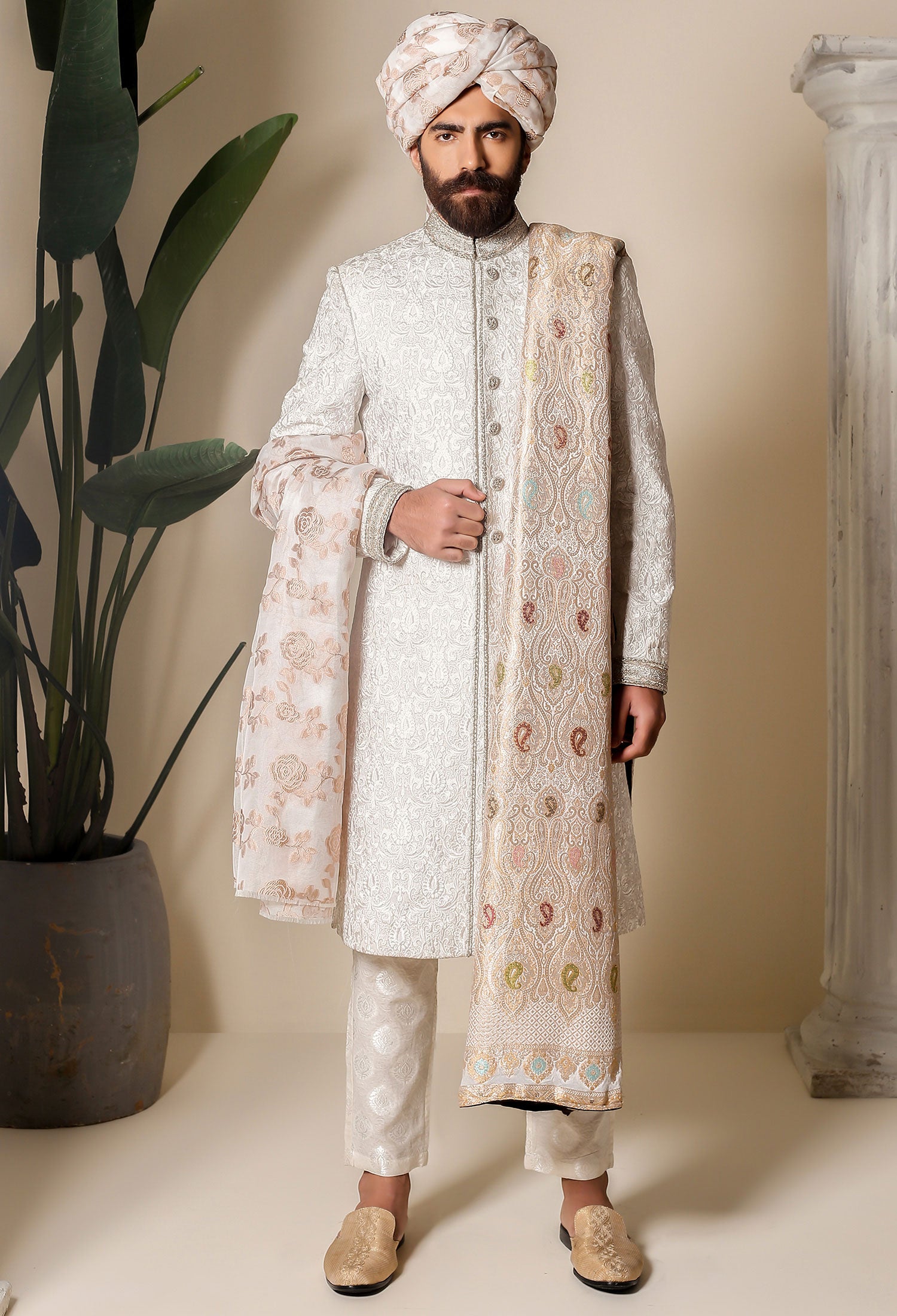 White Embossed Jacquard Groom Sherwani (3-Piece) - Image 2
