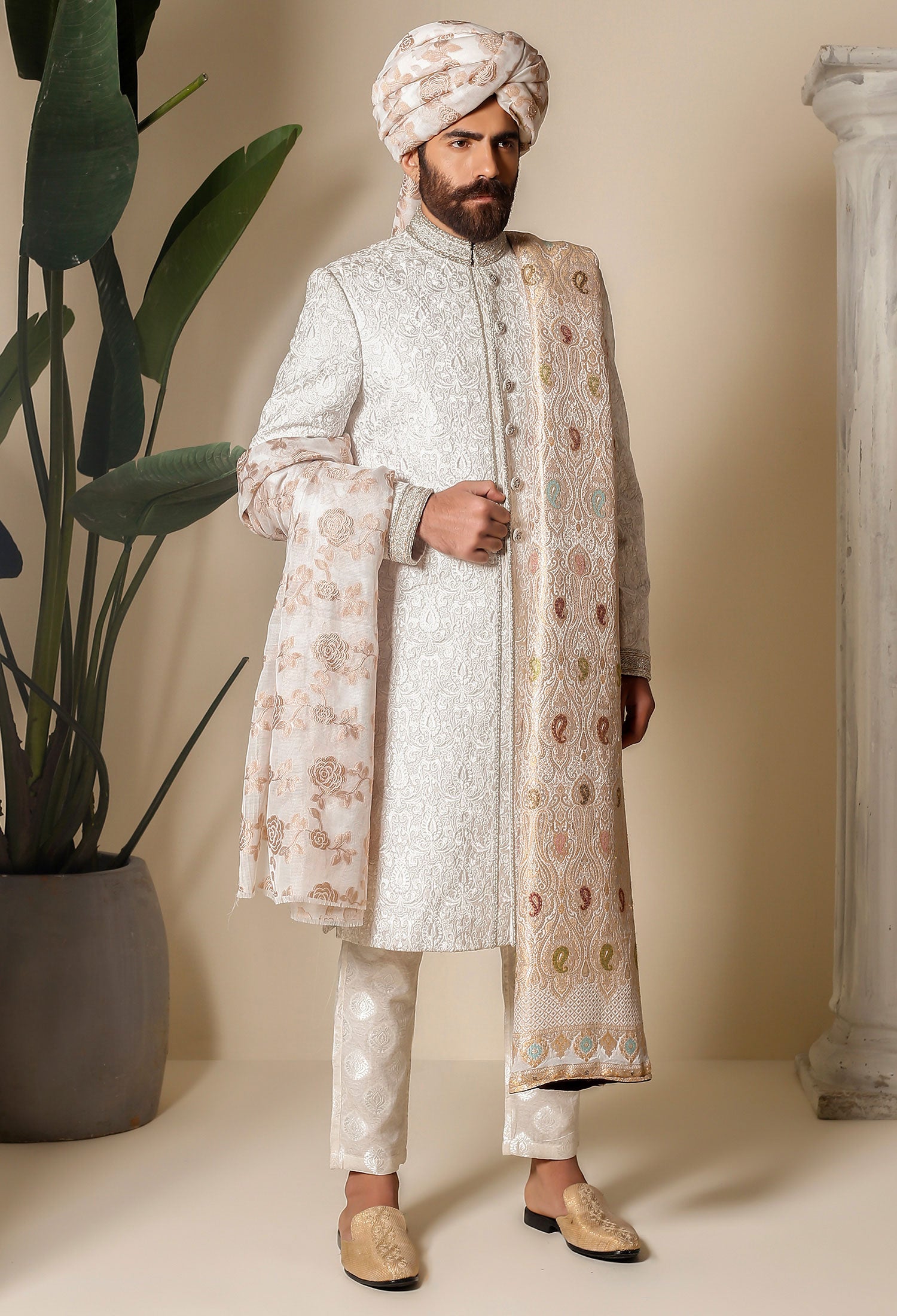 White Embossed Jacquard Groom Sherwani (3-Piece) - Image 3