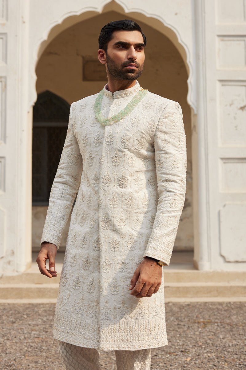 Pearl White Buti Jaal Silk Jamawar Sherwani (2-Piece) - Image 2