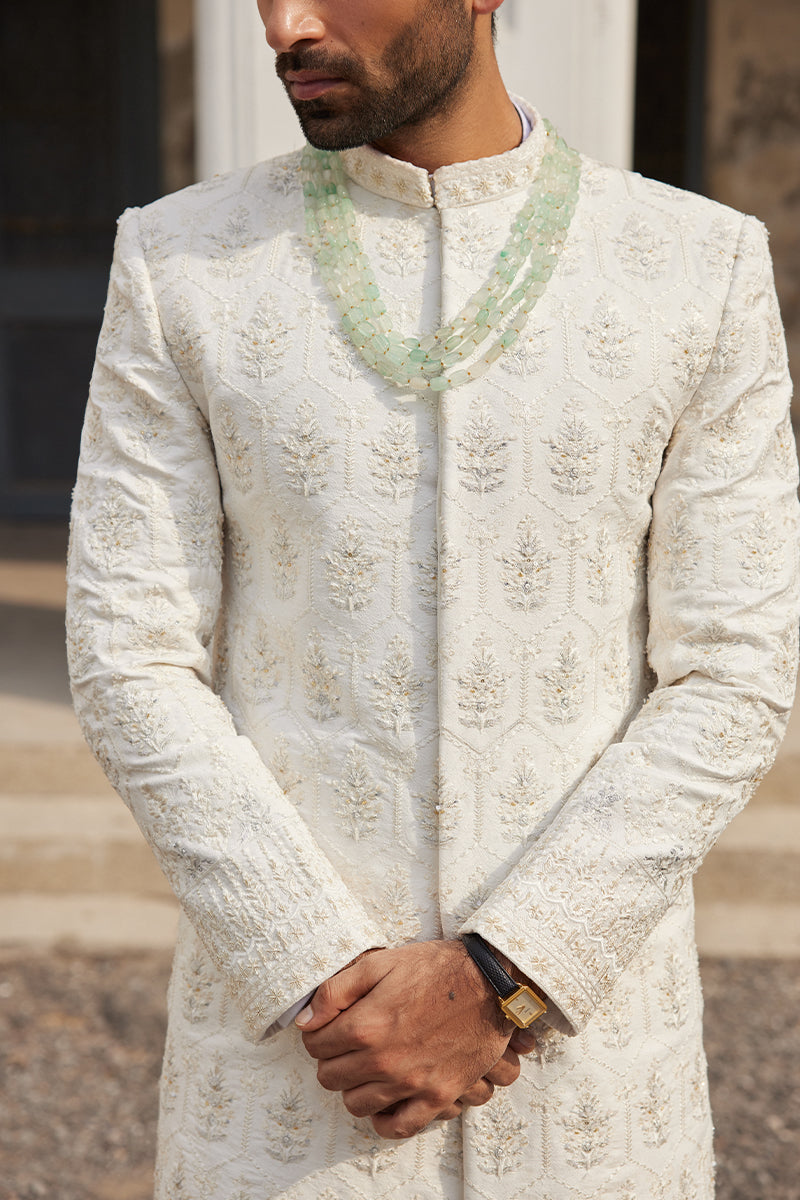 Pearl White Buti Jaal Silk Jamawar Sherwani (2-Piece) - Image 3