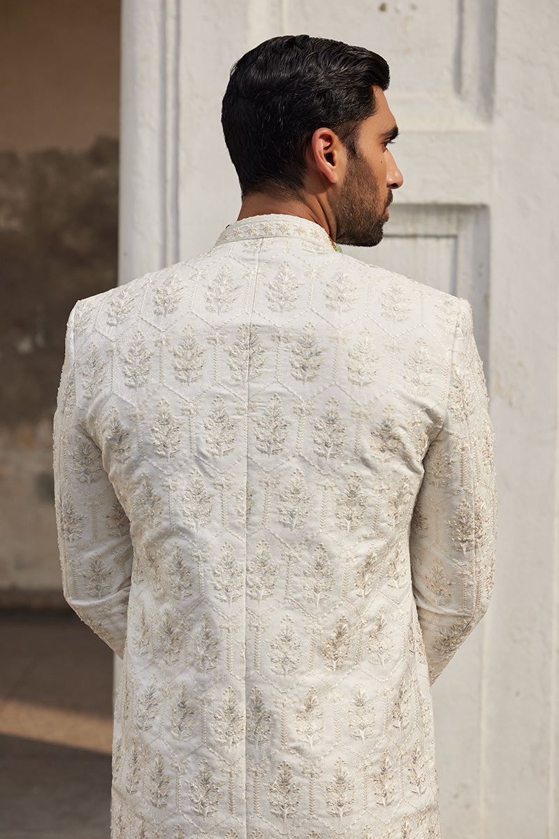 Pearl White Buti Jaal Silk Jamawar Sherwani (2-Piece) - Image 4