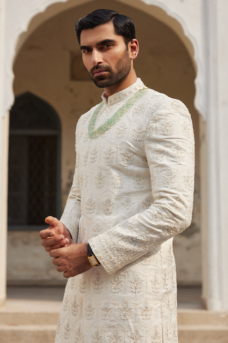 Pearl White Buti Jaal Silk Jamawar Sherwani (2-Piece) - Image 5
