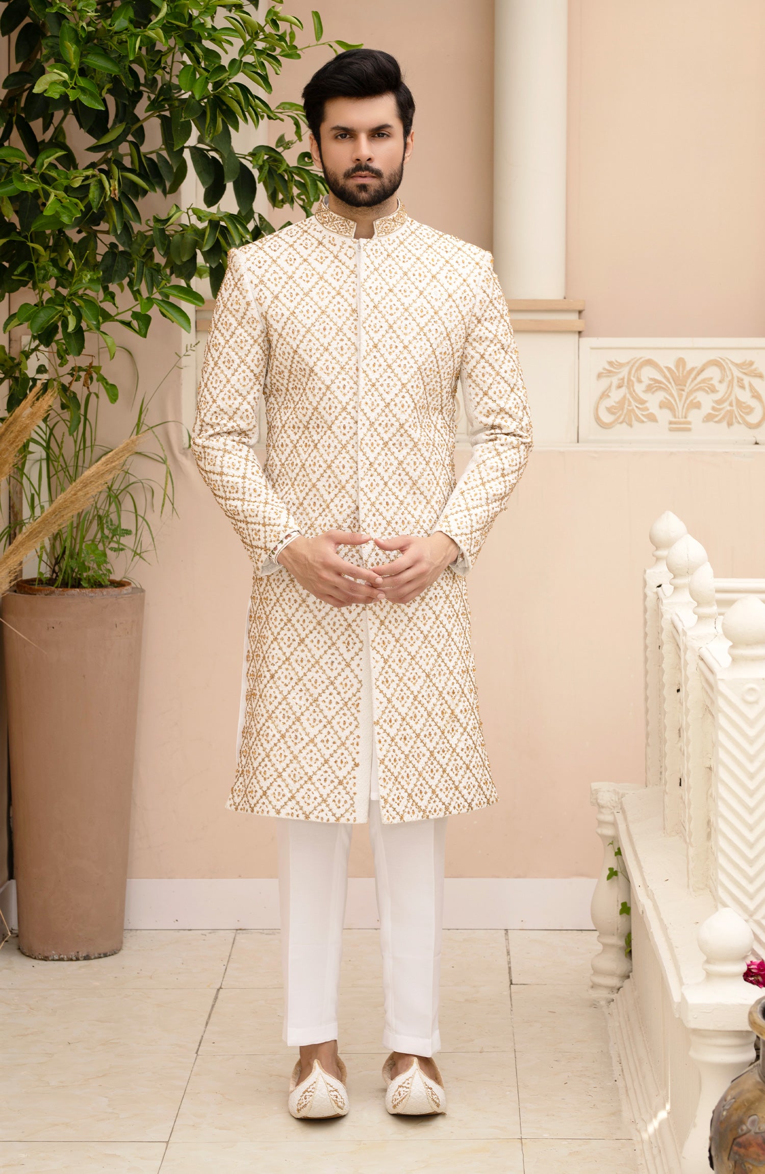 White Gold Adaa Embroidered Silk Sherwani (3-Piece) - Image 1