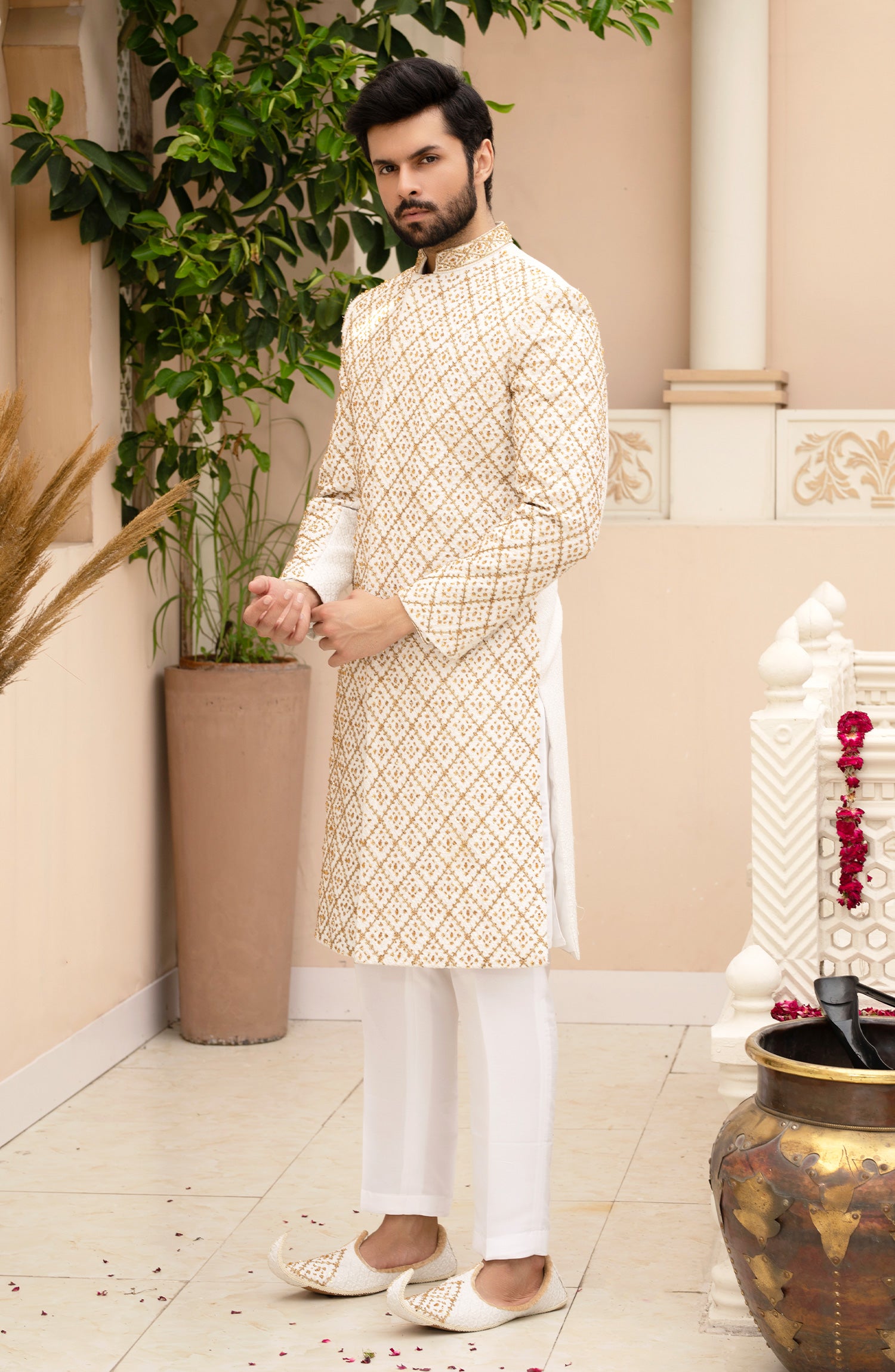 White Gold Adaa Embroidered Silk Sherwani (3-Piece) - Image 3