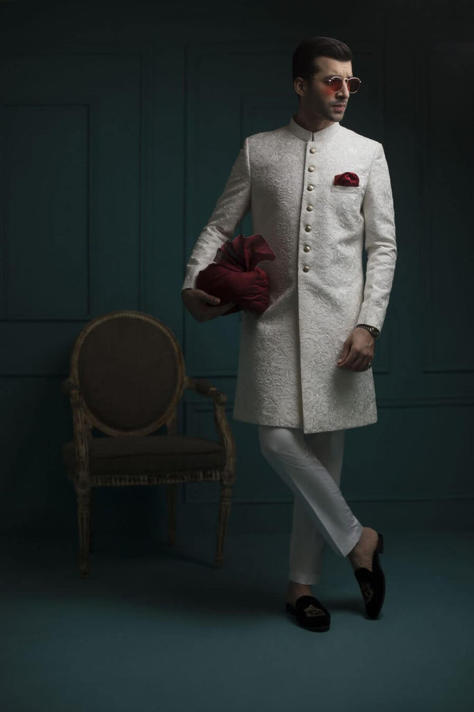 White Self-Embossed Silk Sherwani (3-Piece) - Image 1