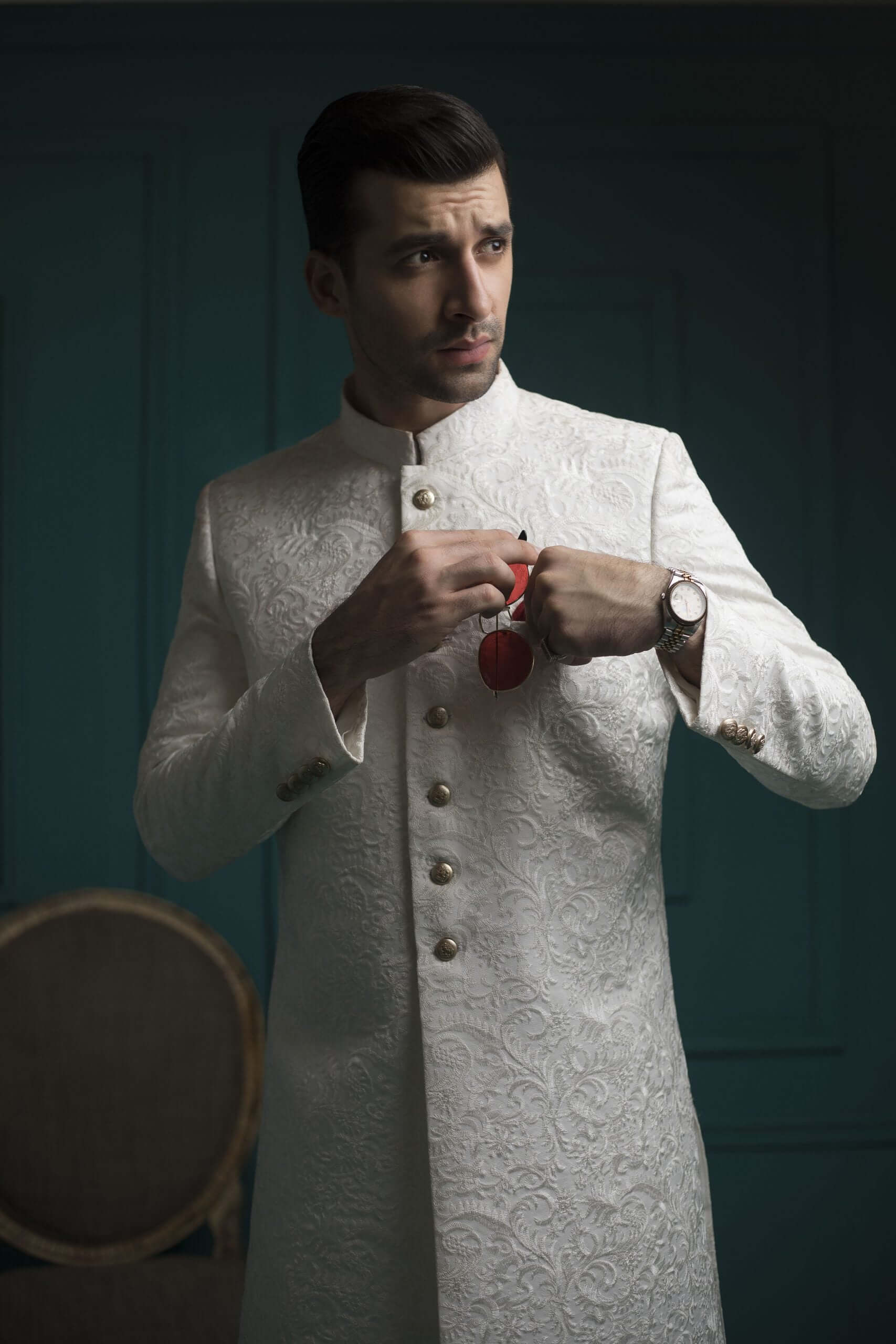 White Self-Embossed Silk Sherwani (3-Piece) - Image 3