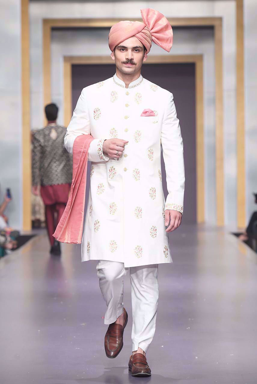 White Embroidered Suiting Sherwani (3-Piece) - Image 1