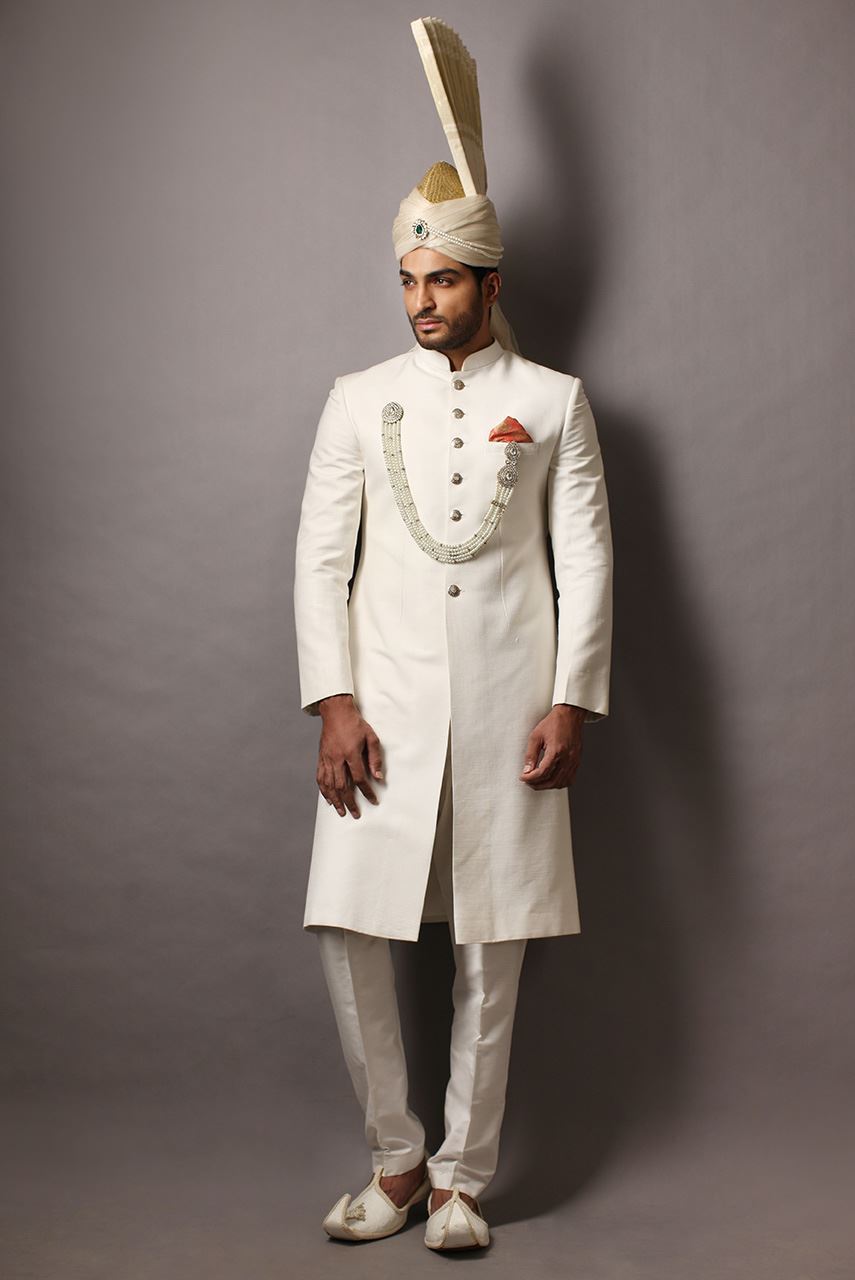 White Pearl Brooch Suiting Fabric Sherwani (2-Piece) - Image 1
