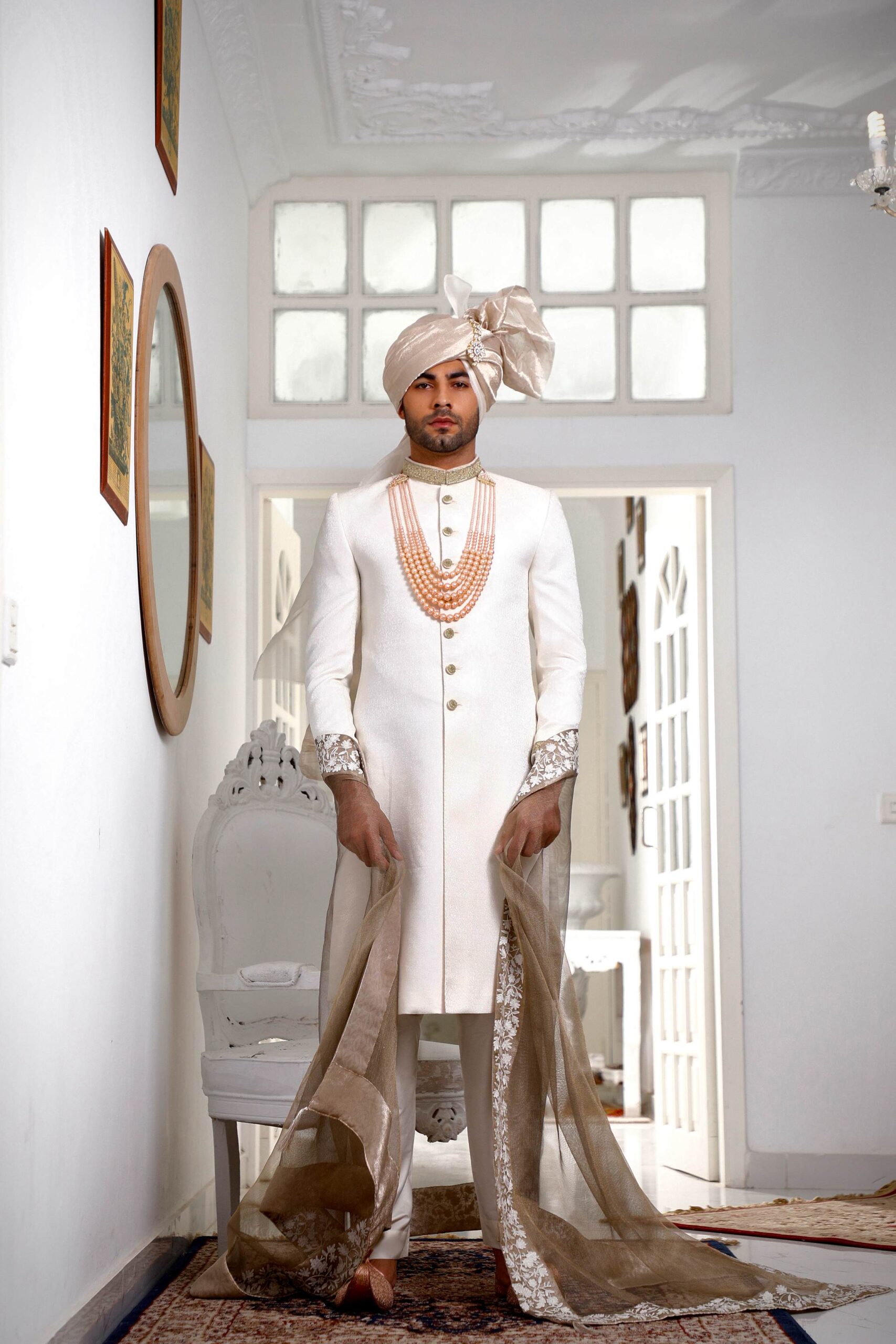 White Embroidered Suiting Fabric Groom Sherwani (4-Piece) - Image 1