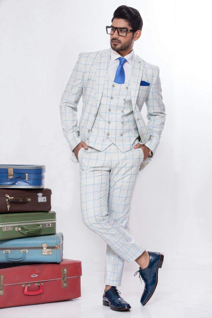 White Checked Fine Suiting 3-Piece Groom Suit - Image 1