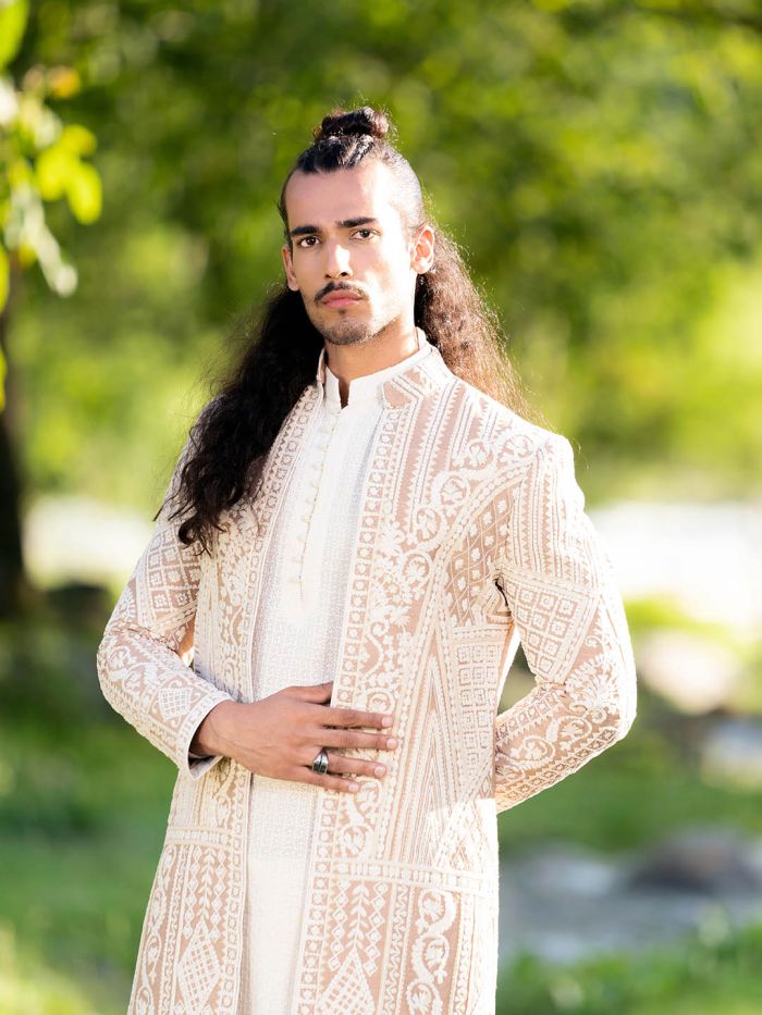 Pearl White Khaki Embroidered Silk Indo-Western Sherwani (3-Piece) - Image 2