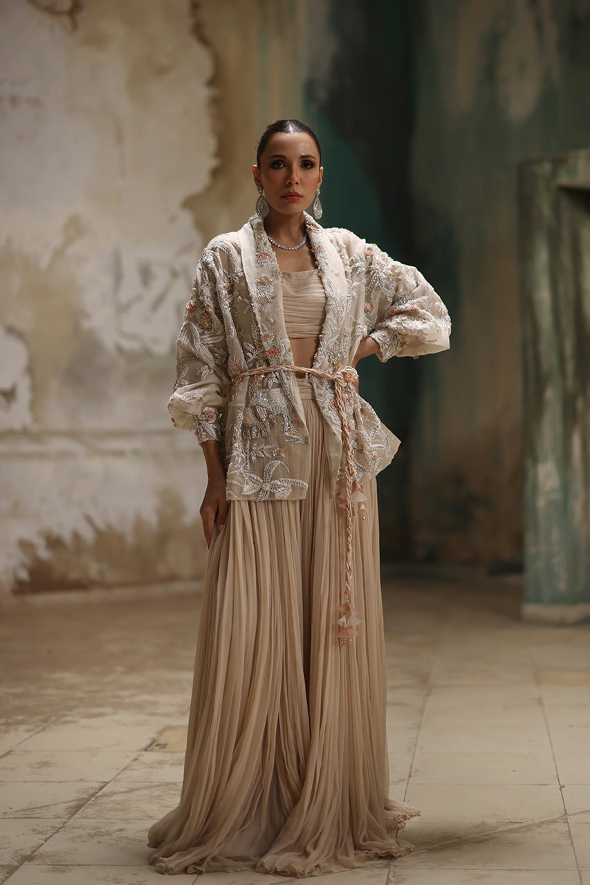 Pakistani White Embellished Organza Jacket with Flared Chiffon Pants (2-Piece) - Image 1