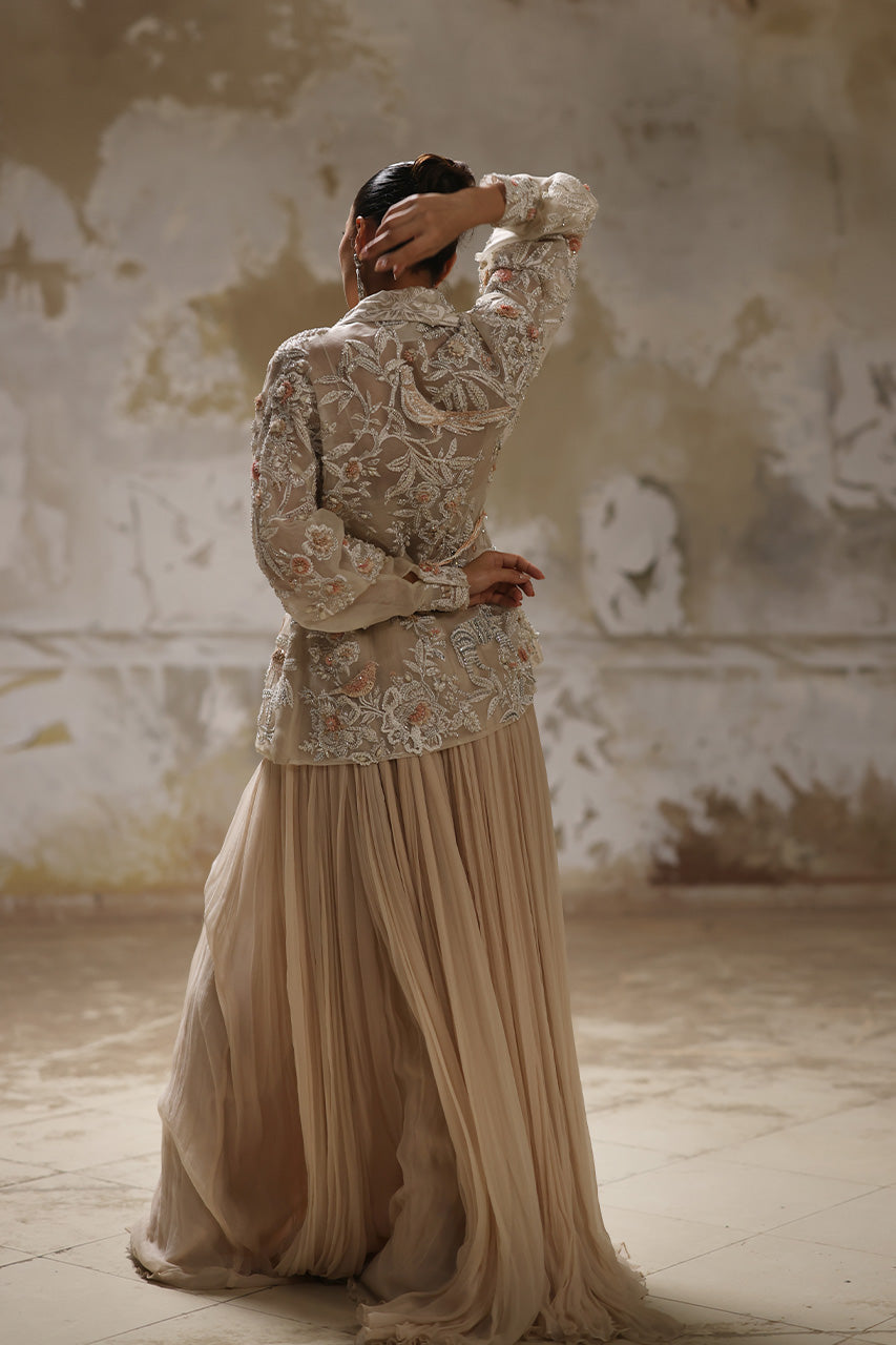 Pakistani White Embellished Organza Jacket with Flared Chiffon Pants (2-Piece) - Image 3