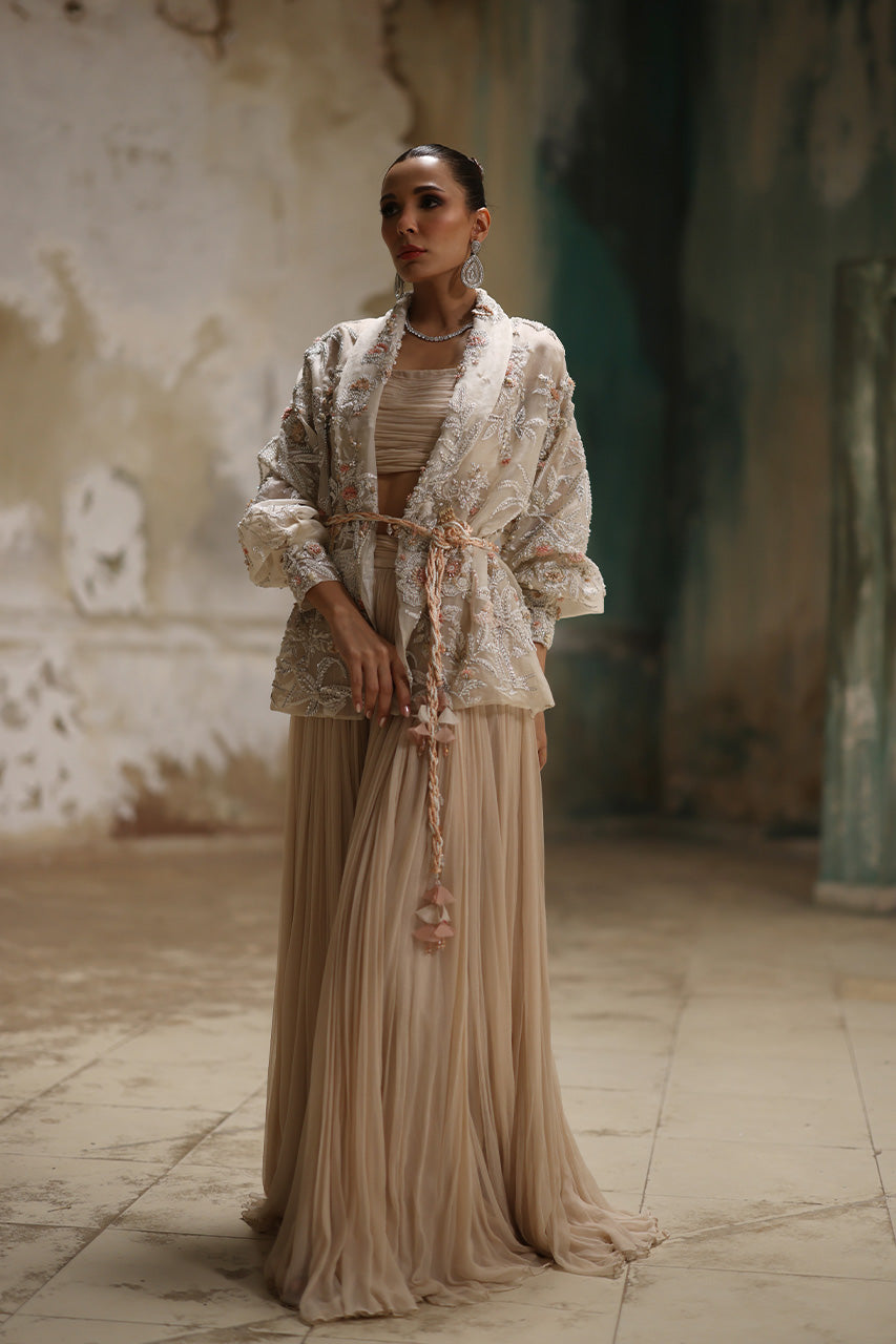 Pakistani White Embellished Organza Jacket with Flared Chiffon Pants (2-Piece) - Image 4