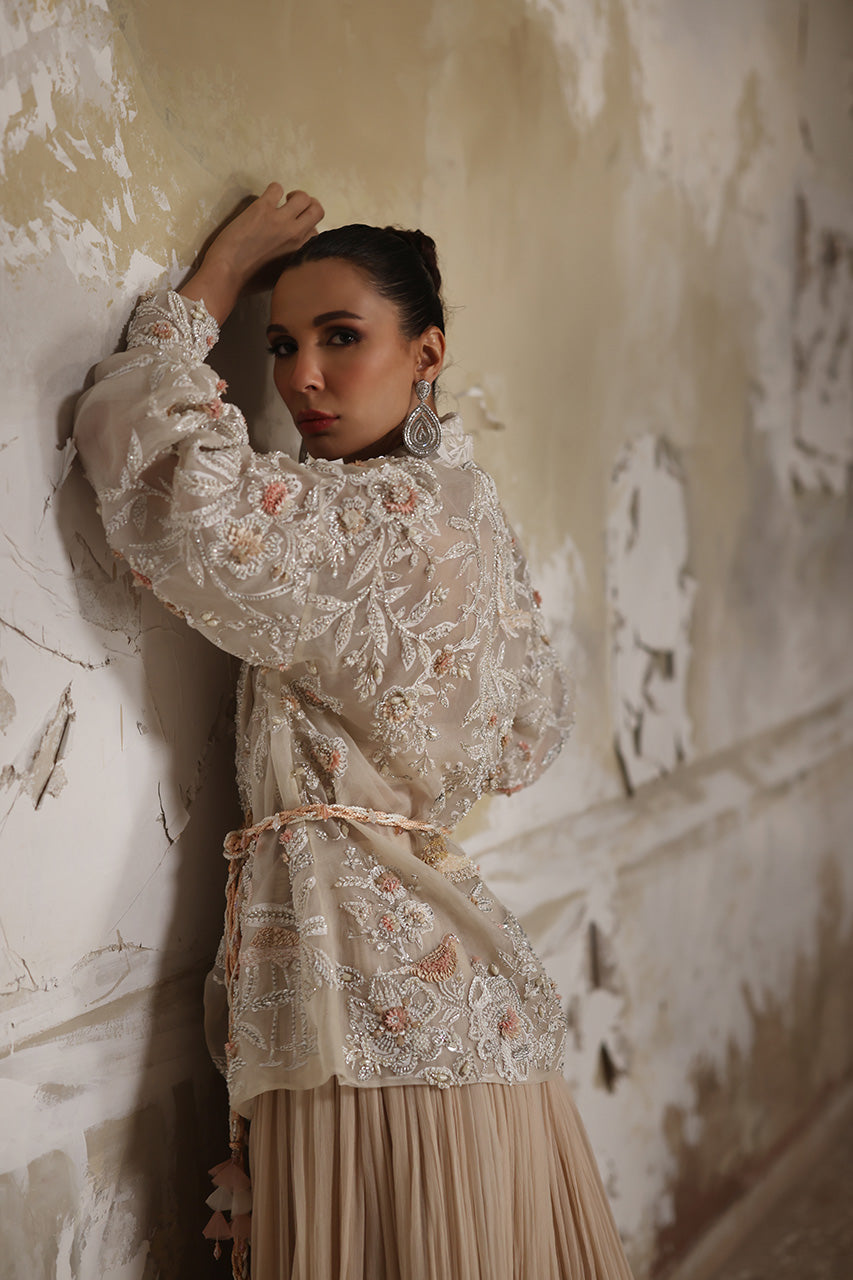 Pakistani White Embellished Organza Jacket with Flared Chiffon Pants (2-Piece) - Image 5