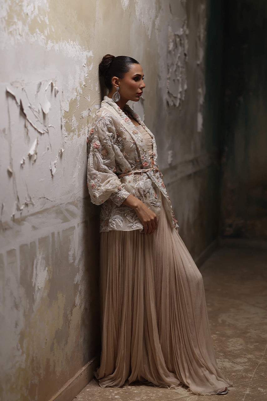 Pakistani White Embellished Organza Jacket with Flared Chiffon Pants (2-Piece) - Image 6