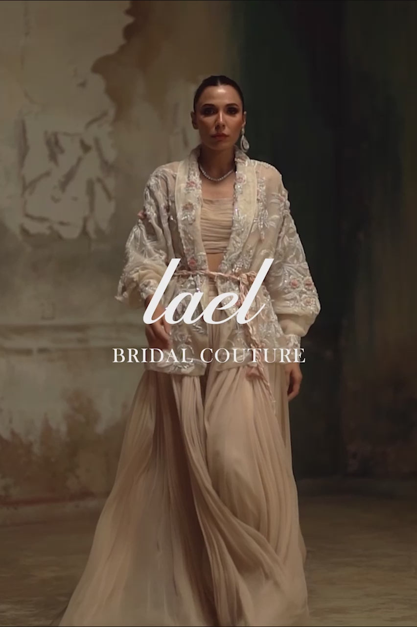 Pakistani White Embellished Organza Jacket with Flared Chiffon Pants (2-Piece) - Image 8