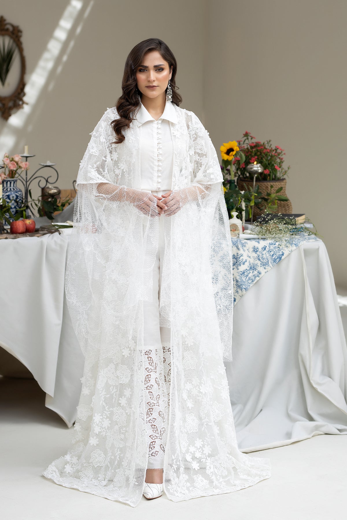 White Embroidered Raw Silk Jumpsuit (2-Piece) - Image 1